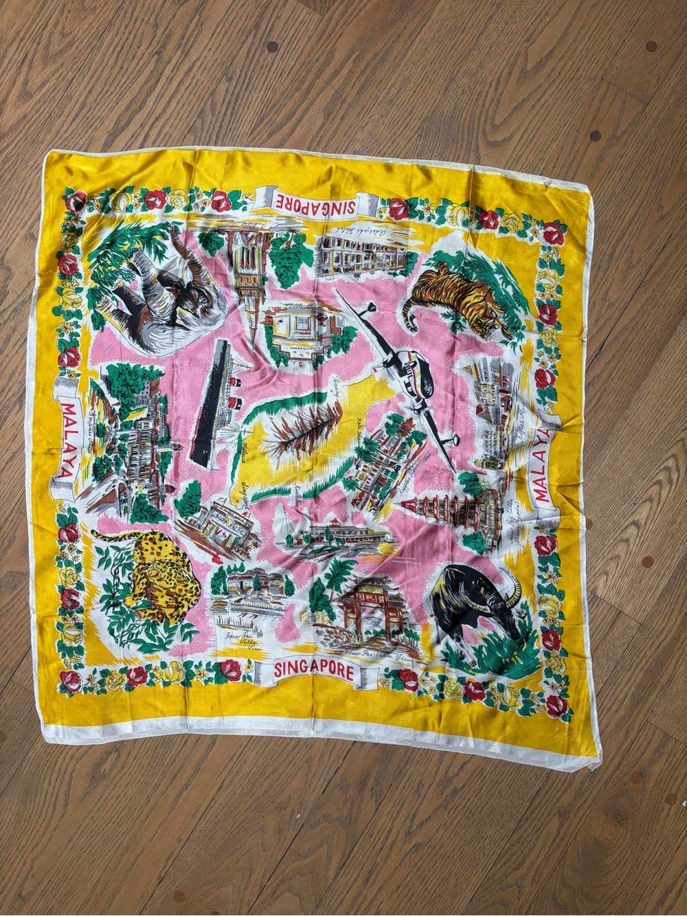 Vintage Singapore Souvenir scarf - Yellow & Pink